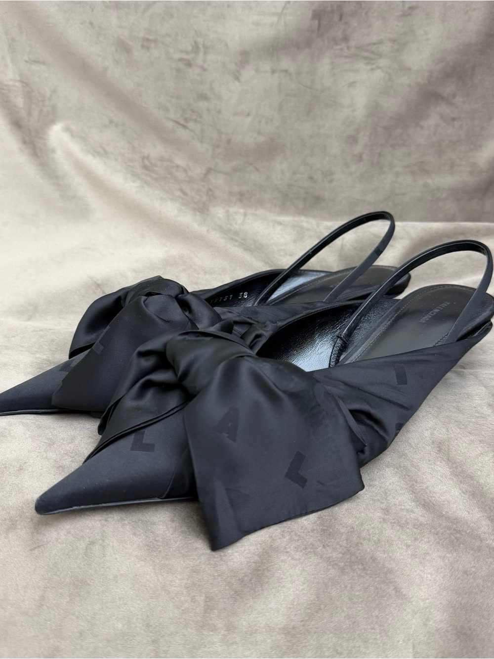 Balenciaga Black Satin Bow Pointed Slingback Heels